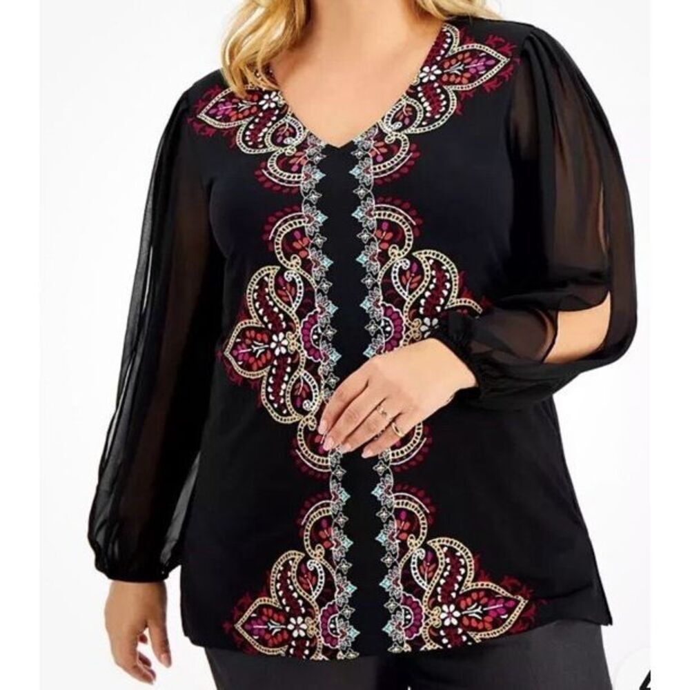 JM Collection Women’s Chiffon Split Sleeve Paisley Top – XL‎